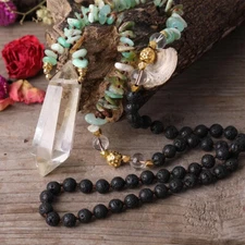 Natural Citrines Point Pendant Australian Jades Chip &Black Lava Beaded Necklace