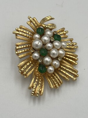 Capri Gold Tone Faux Pearl Rhinestone Green Stone Brooch Pin Vintage ...