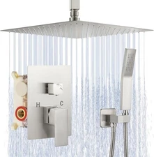 Brushed Nickel Shower Faucet Set 12 inch Rainfall Head Combo with Mixer Valve