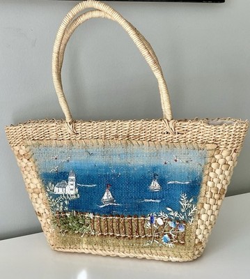 Cappelli Straworld Straw Woven Handbag Lighthouse Beach Sail Boat