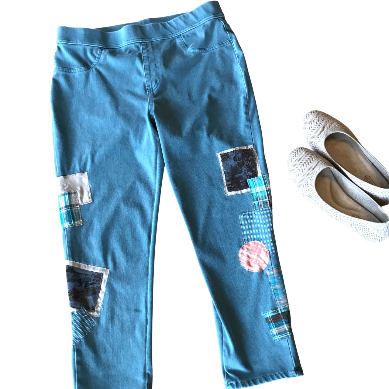 Upcycled Patchwork Cropped Pants, Boho Teal Stret… - image 1