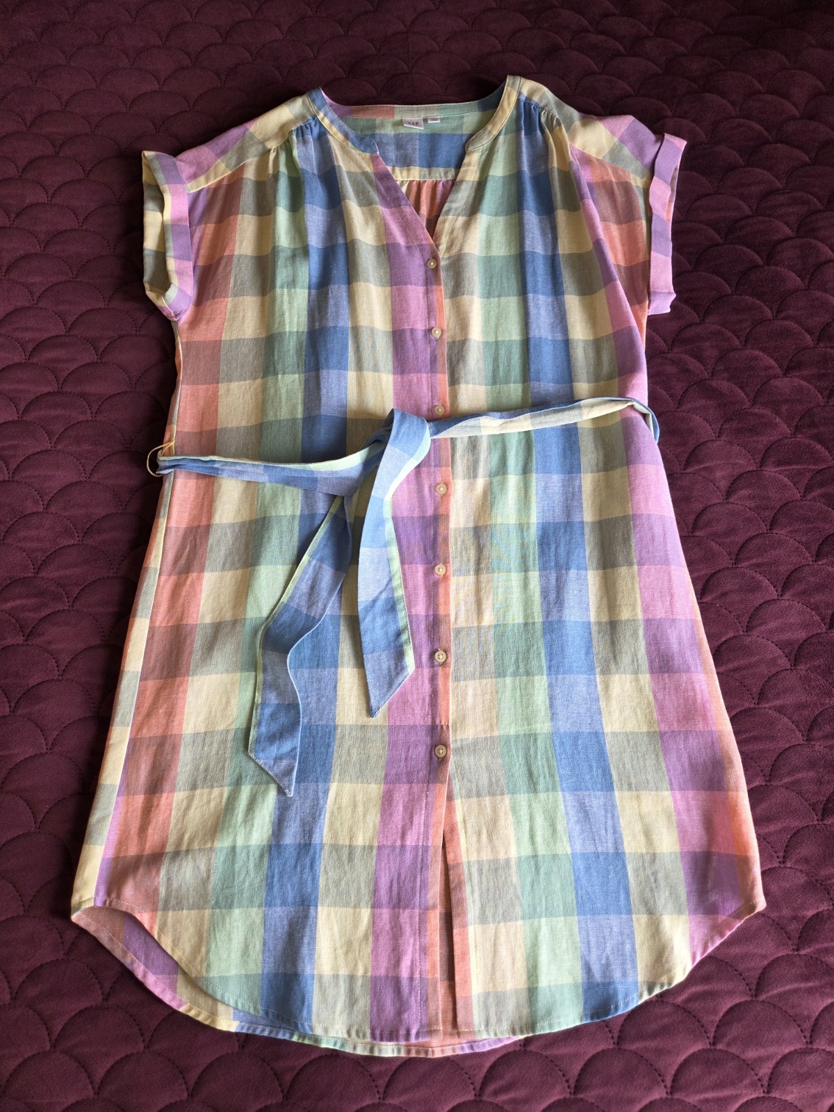 Gap Womens Plaid Midi Dress Multicolored V-Neck Linen Rayon Size Large