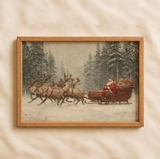 Vintage Santa Sleigh Printable Christmas Wall Art Rustic Reindeer Decor