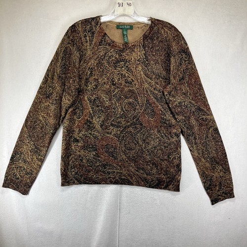 Lauren Ralph Lauren Silk Cashmere Sweater Women's Large Paisley Gold Shimmer NWT