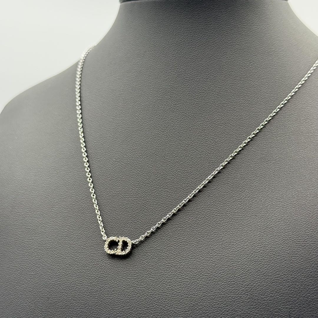 Christian Dior CD Logo Rhinestone Silver Necklace Authentic From Japan RA