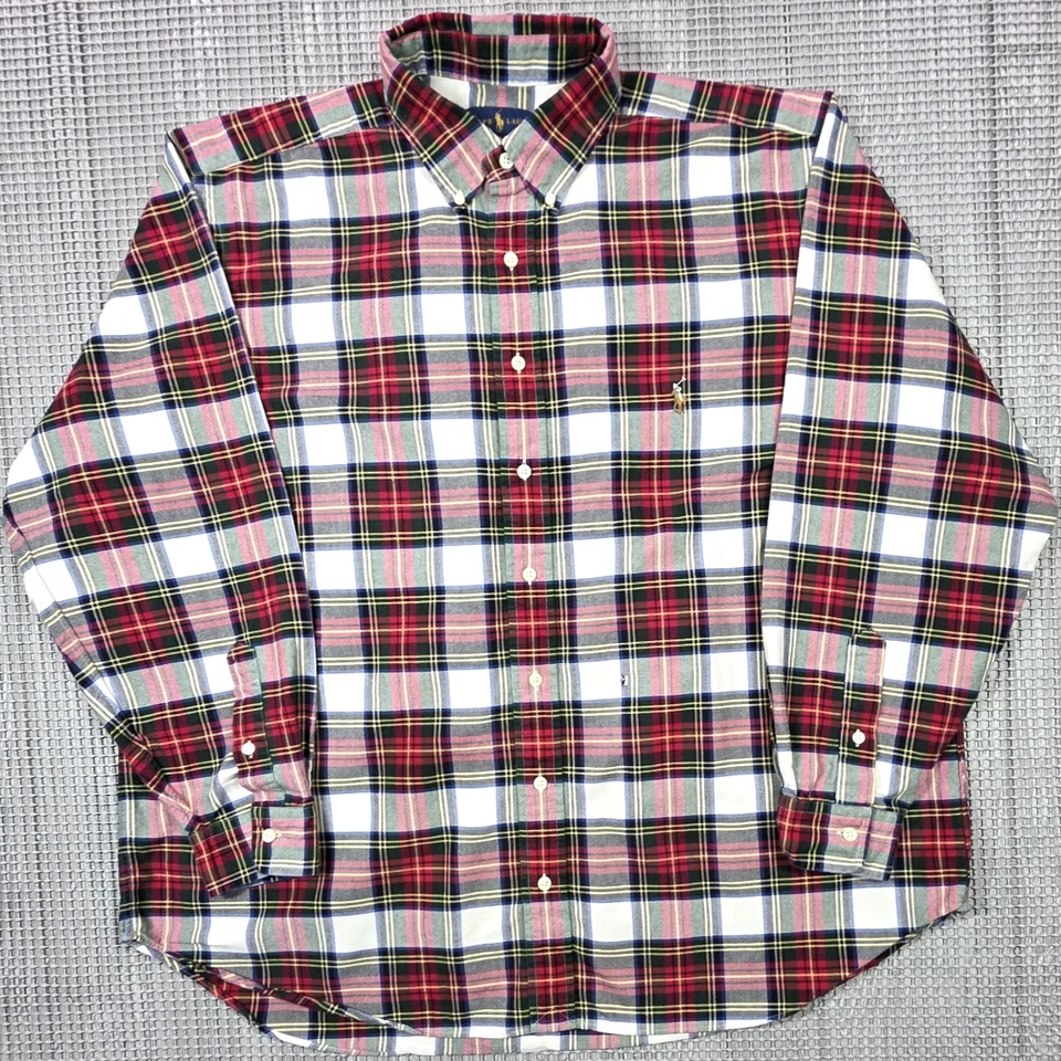 Camisa polo Oxford masculina manga longa xadrez verde vermelho botão Ralph Lauren 1XB - Imagem 2 de 4