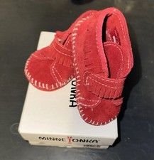 Minnetonka Infant Size 2 Red Suede Leather Bootie Moccasins W Fringe Unisex