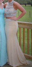 Women's Beige and Silver Two-Piece Formal Dress with Embellished Silver Top