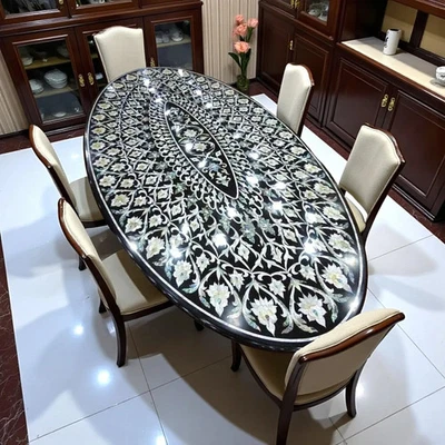 Schwarz Marmor Oval Esstisch Top – Perlmutt Stein Blumenmuster Inlay Kunst Deko - Bild 1 von 4