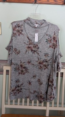 New Avenue Open Shoulder Top SS Choker Neck Gray Floral Poly Span Knit 30/32 NWT