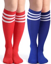 Syhood 2 Pairs Classic Athletic Knee High Socks Triple Red,blue,white Stripes