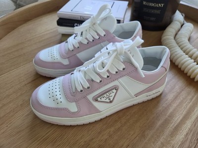 PRADA Women s Downtown Logo Leather Sneakers Pink & White 36.5/  6.5 MSRP $1100