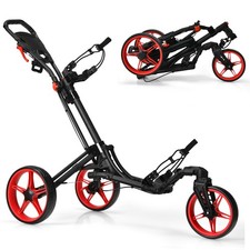 3 Wheels Foldable Golf Push Pull Cart Trolley w/ Adjustable Handle Brake Red