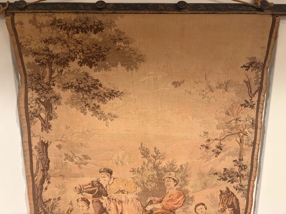 VTG Aubusson Style French France Woven Hunting Tapestry Horses Dog Falcon - Image 3 of 4