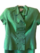 Papell petites silk green iridescent double breasted skirt suit 100 silk 8p