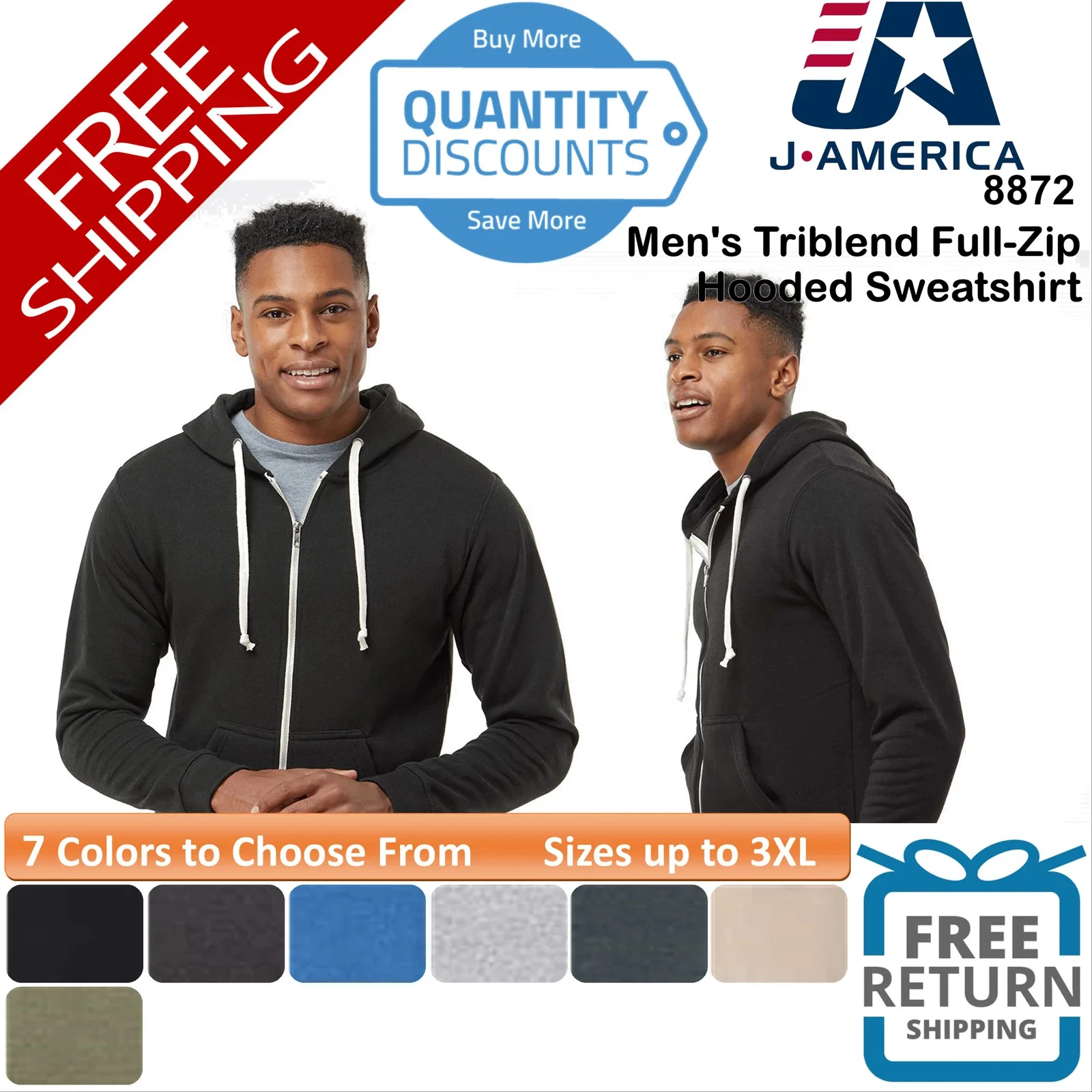 🔥 J. America Men's Triblend Full-Zip Hooded Sweatshirt Up To 3XL 8872
Opens in a new window or tab