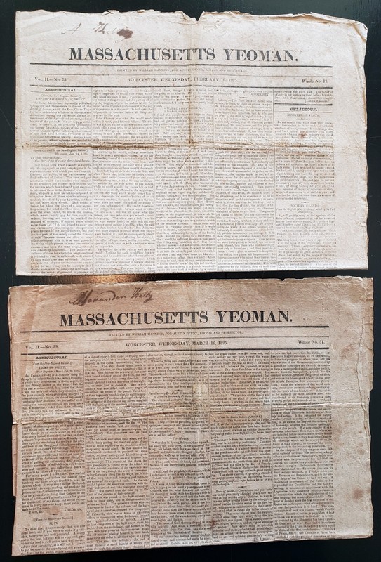 1825 Massachusetts Yeoman Newspapers Vol II No 25 February & Vol II No 29 March
