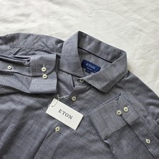 Eton NWT Navy Check Contemporary Fit Jersey Stretch Dress Shirt Men's 17.5 34 