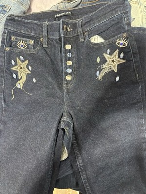 Calvin Klein Jeans High Rise Flare Dark Wash Blue Denim Star Rhinestone Jeans