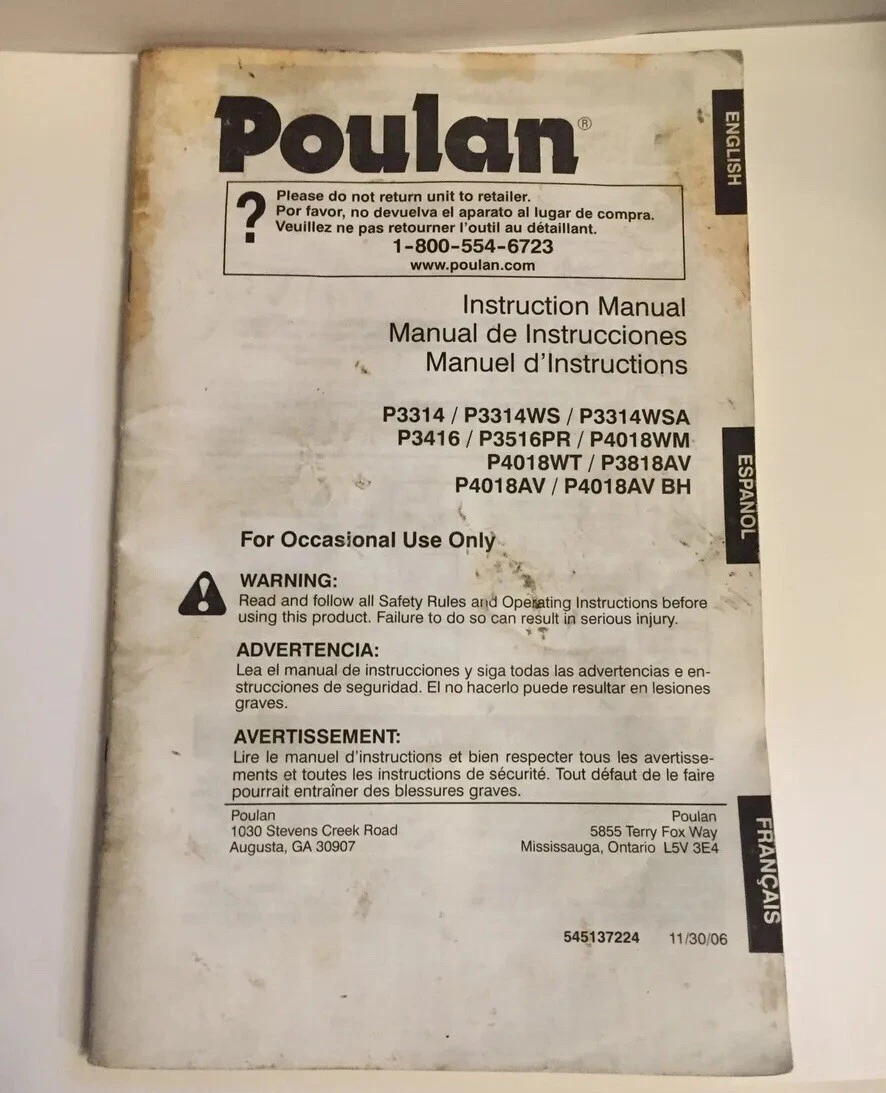 Poulan Pro Instruction Owners Manual P3314 P3314WS P3314WSA P3416 P3416 P3516PR