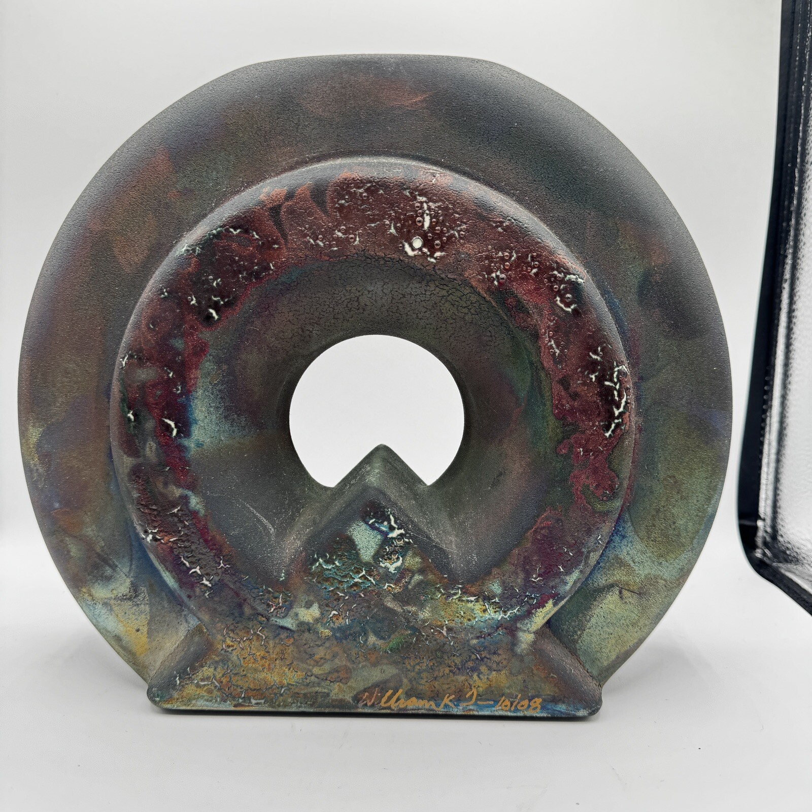 Signed William K Turner Studio Art Pottery Raku Round Iridescent Table Vase