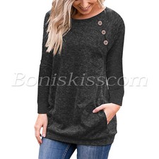 Women's Casual Long Sleeve Round Scoop Neck Pockets Tunics T-Shirt Blouses Tops