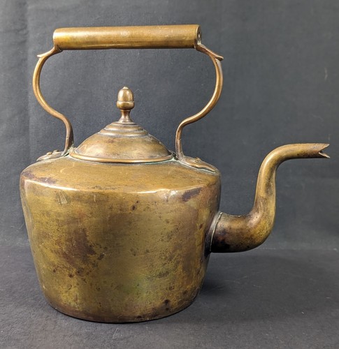 Copper Fireplace Kettle Antique Primitive Swan's Neck Spout Early 19C Large - Picture 4 of 10