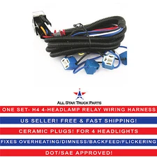 4-Headlight Relay Wiring Harness H4 Headlamp Light Bulb Ceramic Socket Plugs Set