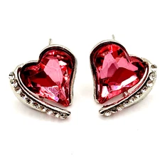 Pink Faceted Glass Heart w Crystal Clear Sparkling Rhinestones Pierced Earrings