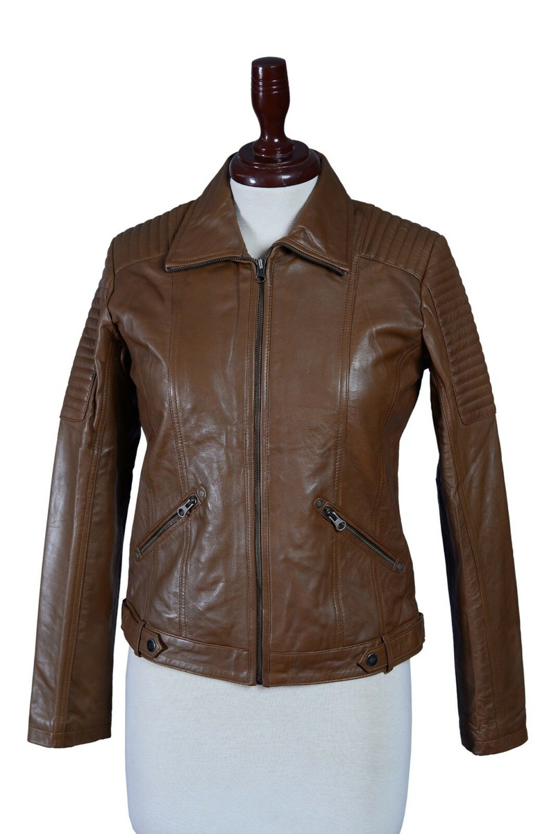 Laura Collar Style Brown Lambskin Sheep Leather Jacket For Women's