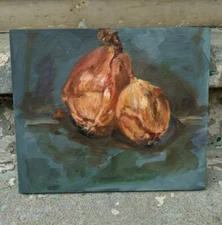 Original, Oil Painting of Onions for Unique Kitchen Decor!  On Grey Background.
