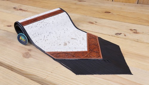 White Acid Wash Leather Table Runner – Square-Cut Design with Tooled V-Shaped - Picture 4 of 11