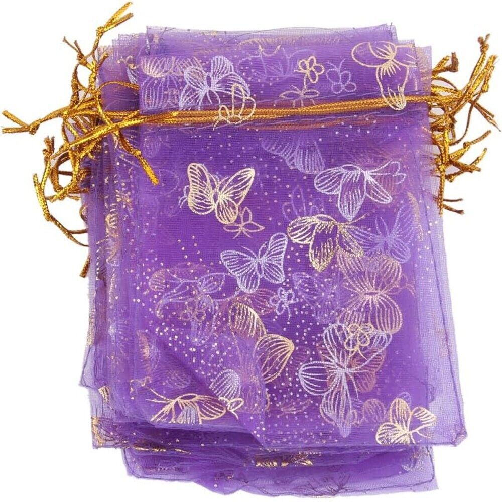 100 Sacchetti Porta Regalo In Organza Con Farfalla, Chiusura A Cordoncino, Per Bomboniere E Matrimoni (3 Misure)