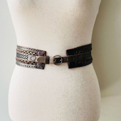 ANTHROPOLOGIE Linea Pelle Braided Boho Brown Leather Waist Belt Women's Size S - Picture 1 of 6