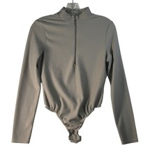 PrettyLittleThing Taupe Ribbed Mock Neck Quarter Zip Long Sleeve Bodysuit US 10