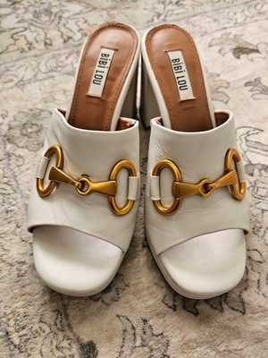 Bibi Lou Cream Off White Leather Mules 38 Gold Buckle 