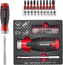 12Pieces Ratcheting Screwdriver Set, 12-in-1 Multi-bit Magnetic Red 