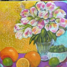 Tulip Still Life with Citrus Fruit Bold Hues and Vibrant Blooms on Canvas