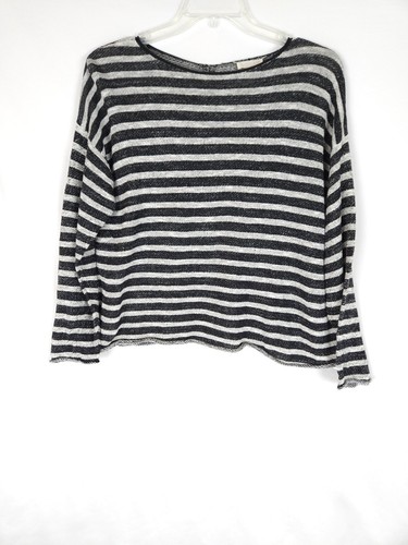Eileen Fisher Top schwarz gestreift zierlich groß Bio-Baumwolle Leinenmischung Knopf