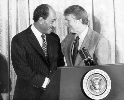 President Jimmy Carter meeting President Anwar Sadat of Egypt duri - Old Photo