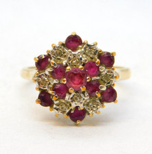 9ct Yellow Gold, Ruby & Diamond Floral Cluster Ring Vintage London
