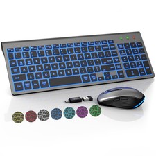 Wireless Keyboard and Mouse Combo Backlit - Compact Quiet Keyboard with RGB M...