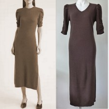 MAGASCHONI 100% Cashmere Side Slits Puff Sleeve V-neck Midi Cashmere Dress $295