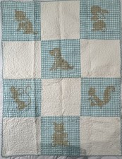 VTG Gingham Baby Quilt Hand Embroidered 40" X 32" Blue and White Crafting Cutter