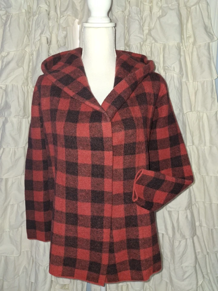 Chaqueta abierta Field Flower Cardi Abrigo Búfalo Lana a cuadros Rojo Negro Capucha a cuadros S Foto 2 de 4