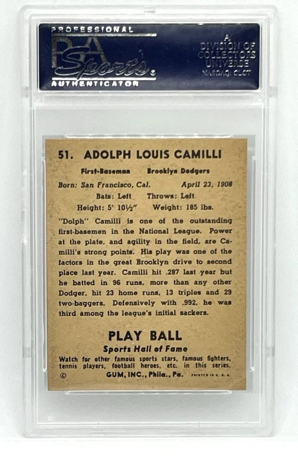 1941 Play Ball #51 Dolph Camilli PSA 8 (OC) Brooklyn Dodgers - MVP 1941 - Image 2 of 2