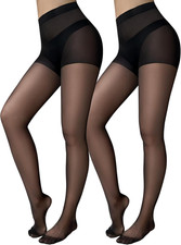 2 Pairs Black Sheer Tights for Women, 20D Control Top Pantyhose Stockings Tummy