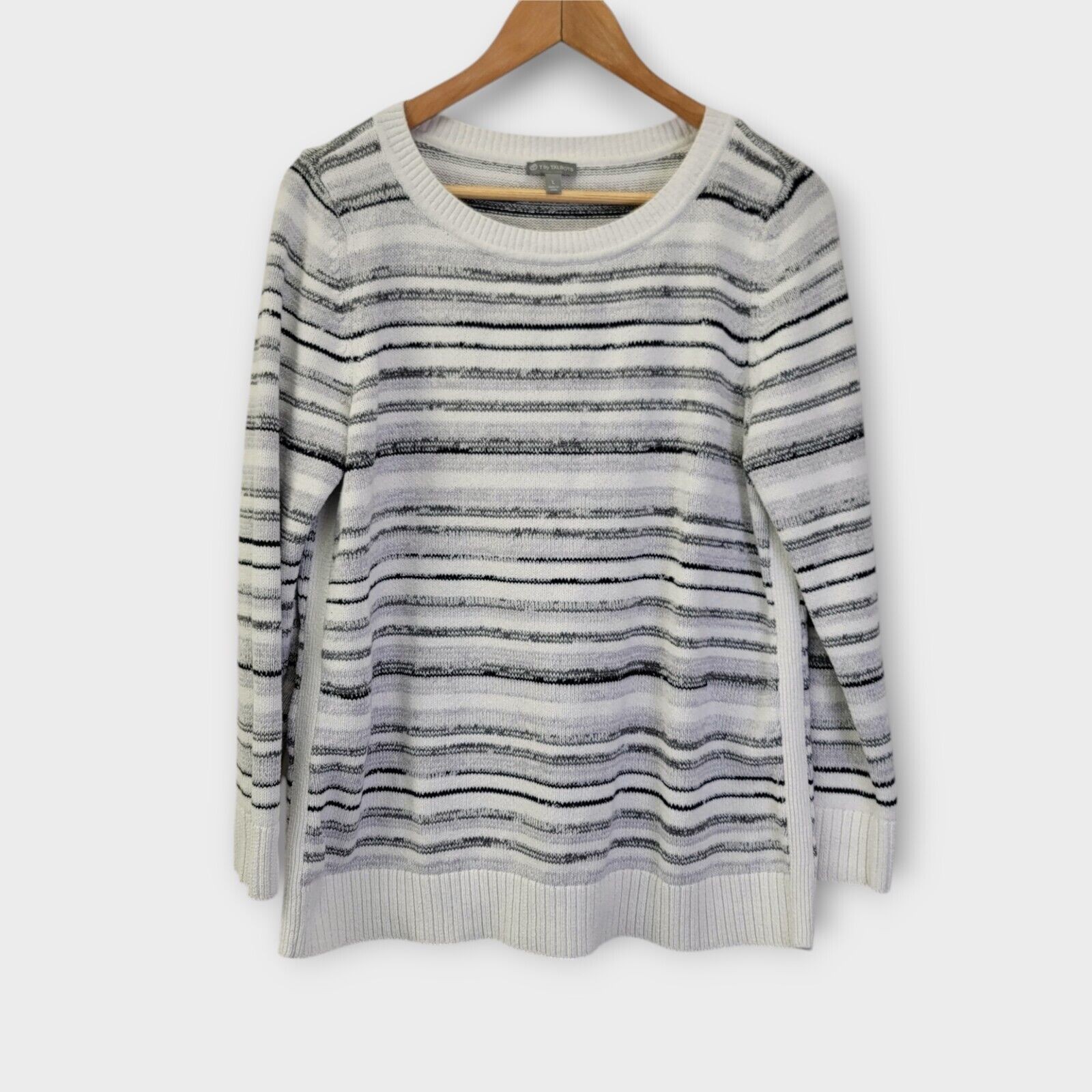 T by Talbots Mixed Yarn Striped Sweater Size Large White Black Gray Casual