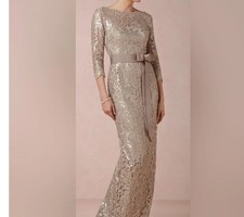 Tadashi Shoji Champagne Lace Sequin Gown with Sash Size 12 428