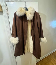 XL Brown Mid-Length Overcoat blue fox Fur Trim Collar, mink lining